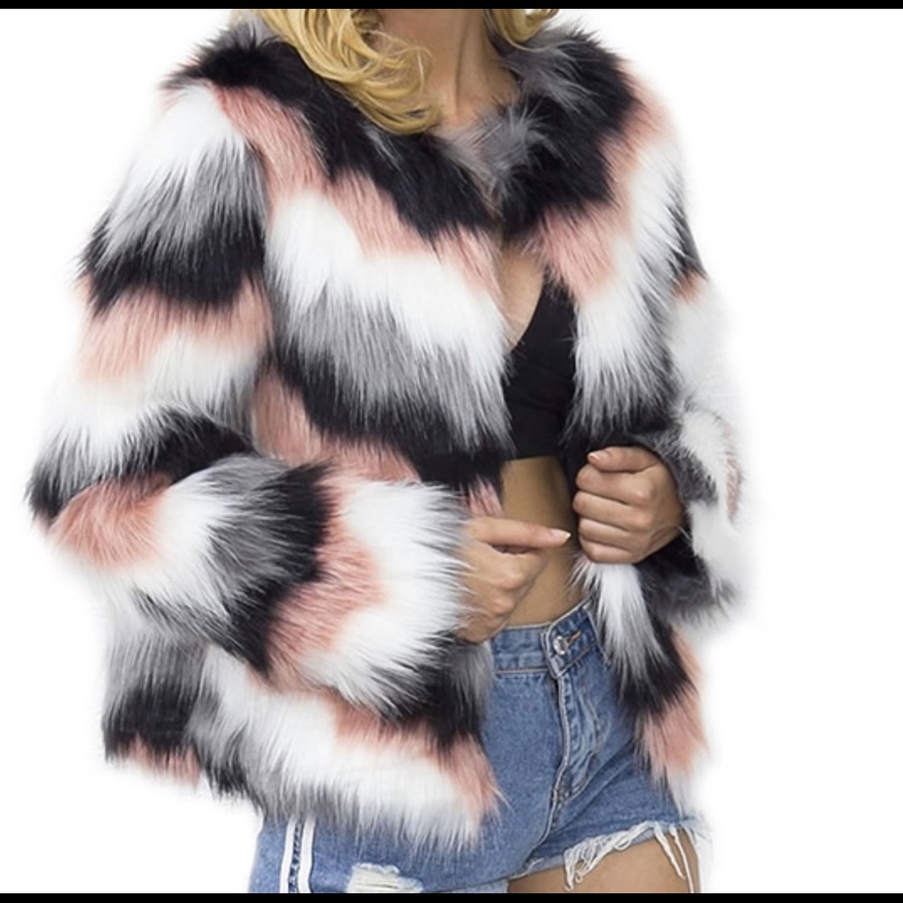 WOMEN'S CHIC STRIPE FLUFFY FAUX FUR COAT Sz 6